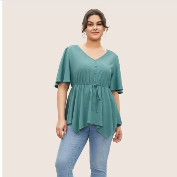 BloomChic Plus Size Plain Button Detail Cross Straps Gathered Blouse 3XL us 22 - Picture 3 of 7